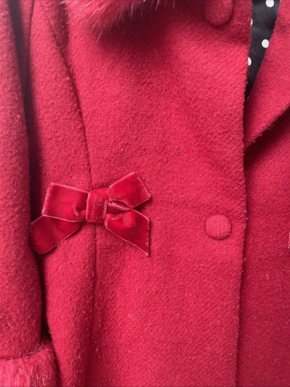 Children’s Place 4T Red Faux Fur Trimmed Wool Holiday Coat Bows Holiday